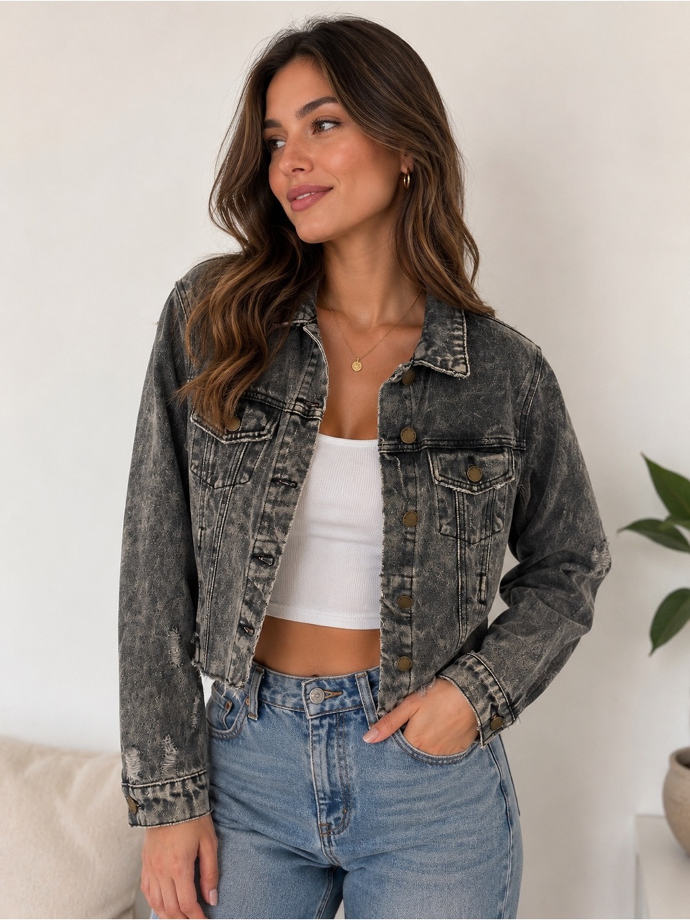 Washed Black Cropped Denim Jacket - Women